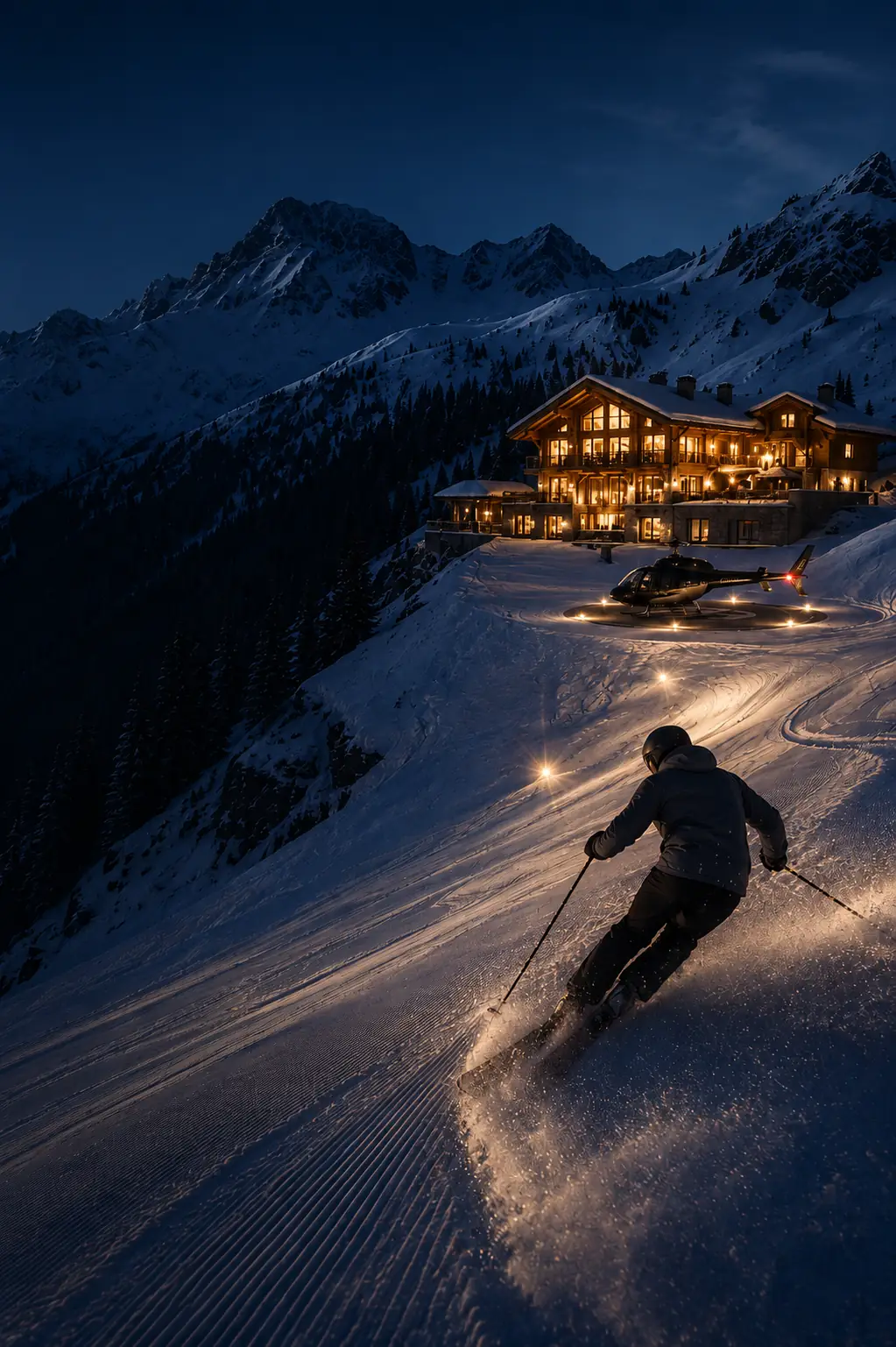 Private night skiing with helicopter